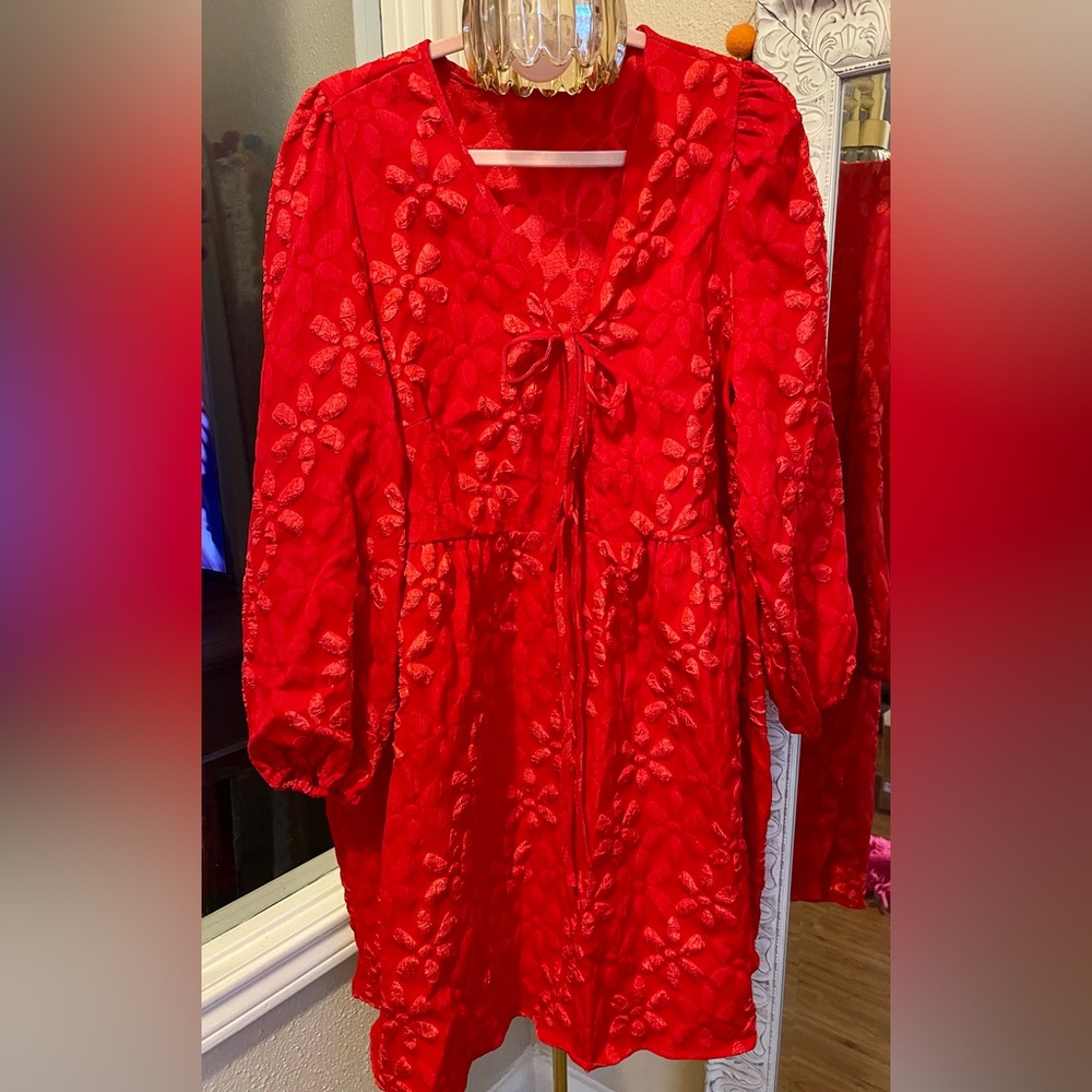 SHEIN Women’s Red Floral Textured Fit Flare Dress NWOT